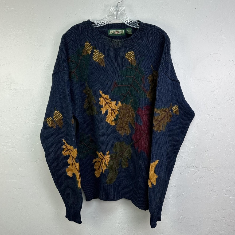 Vintage American Eagle Sweater Mens Large Blue Crewneck Wool Autumn Knit 90s